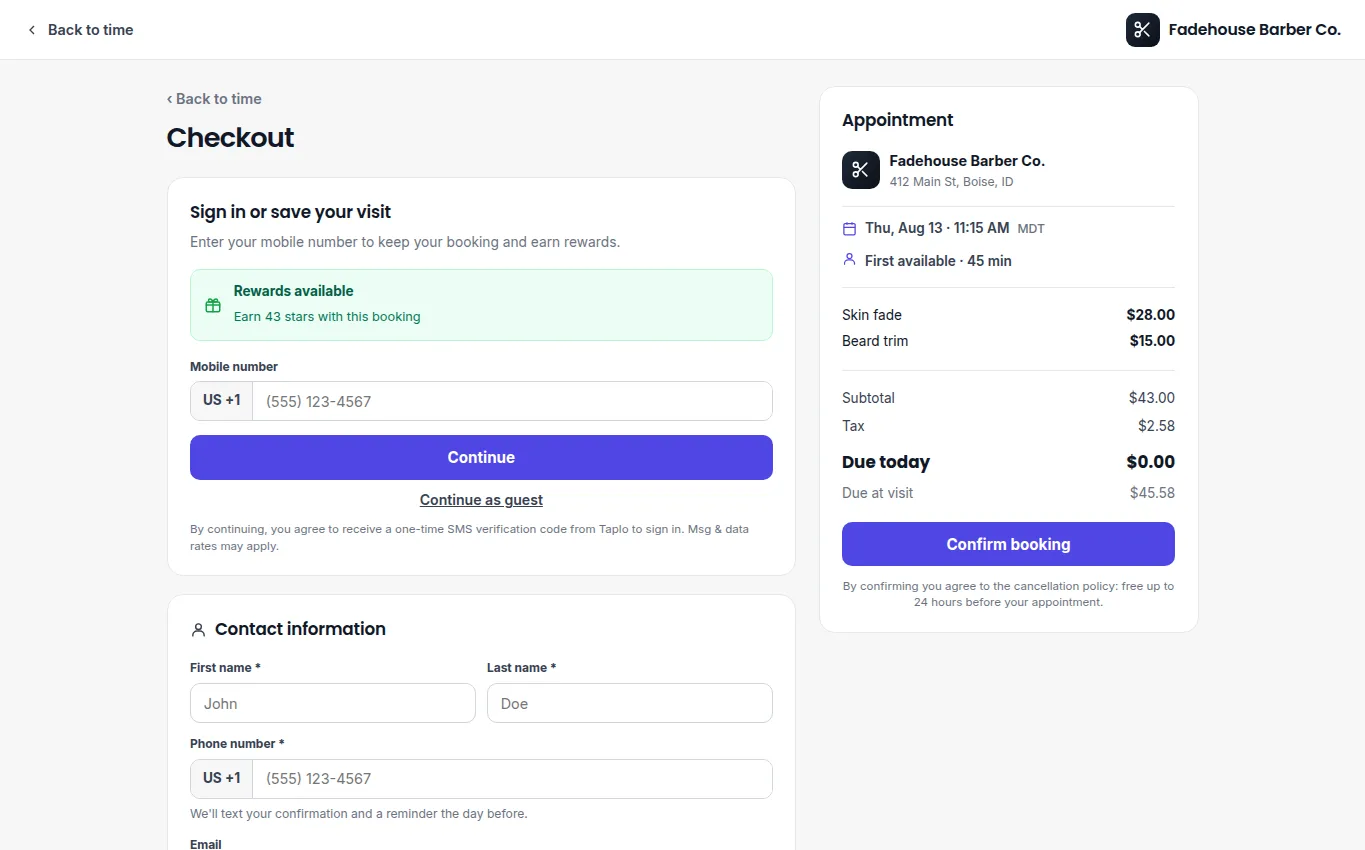 Booking checkout with appointment and customer details