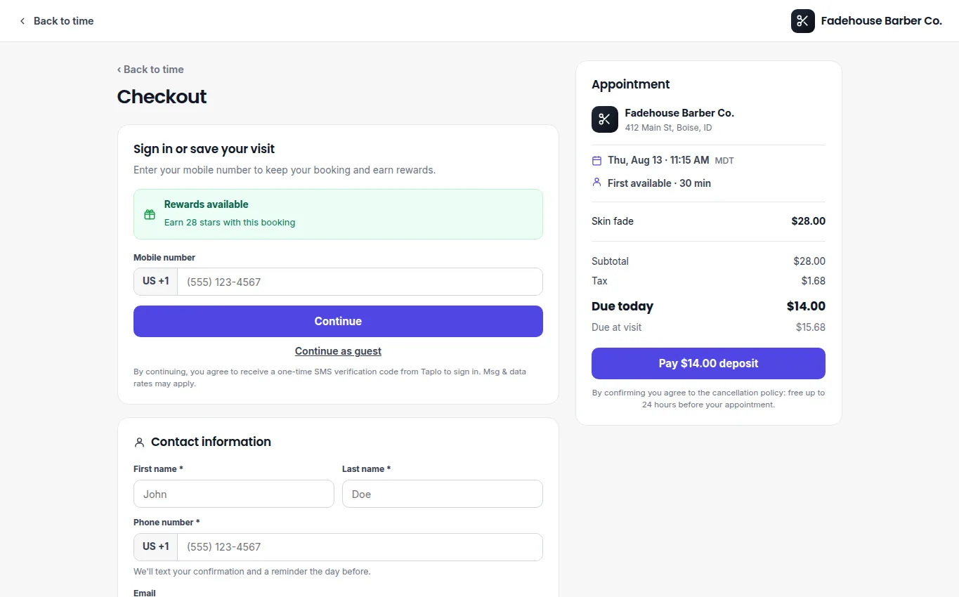 Booking checkout with deposit selected and balance due