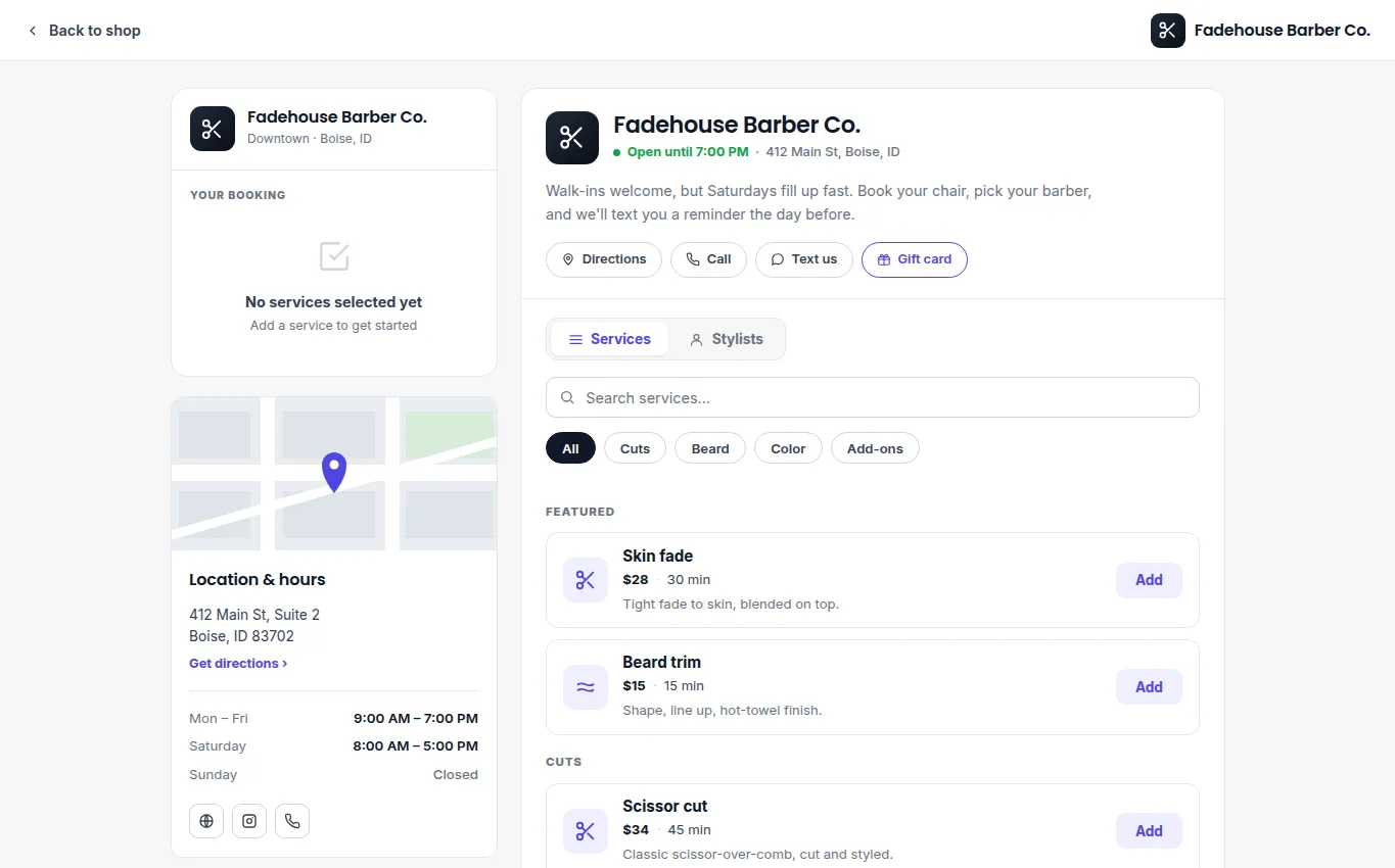 Customer-facing service selection with booking summary