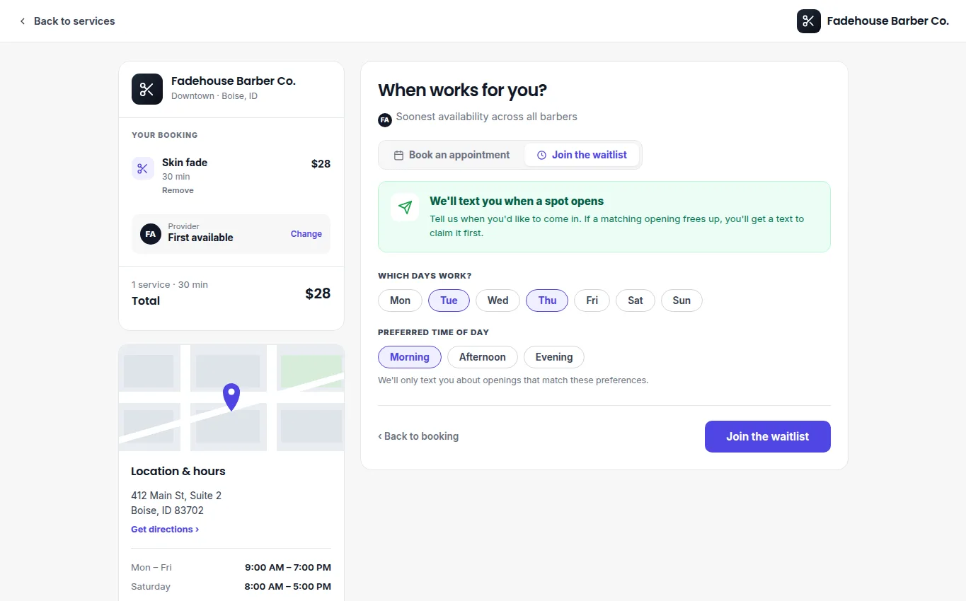 Waitlist day and time preferences for a selected service