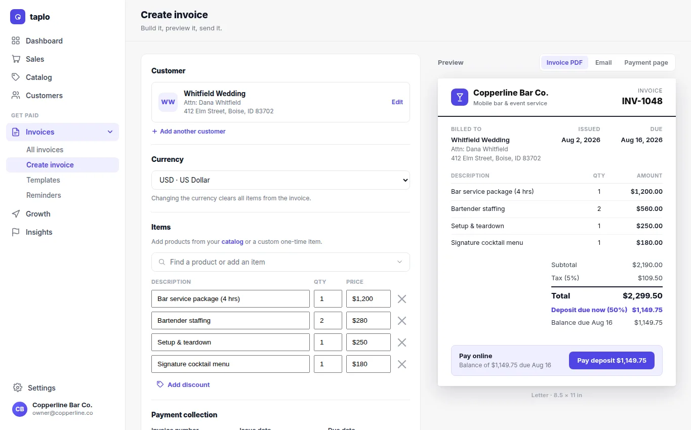 Invoice builder with line items and document preview