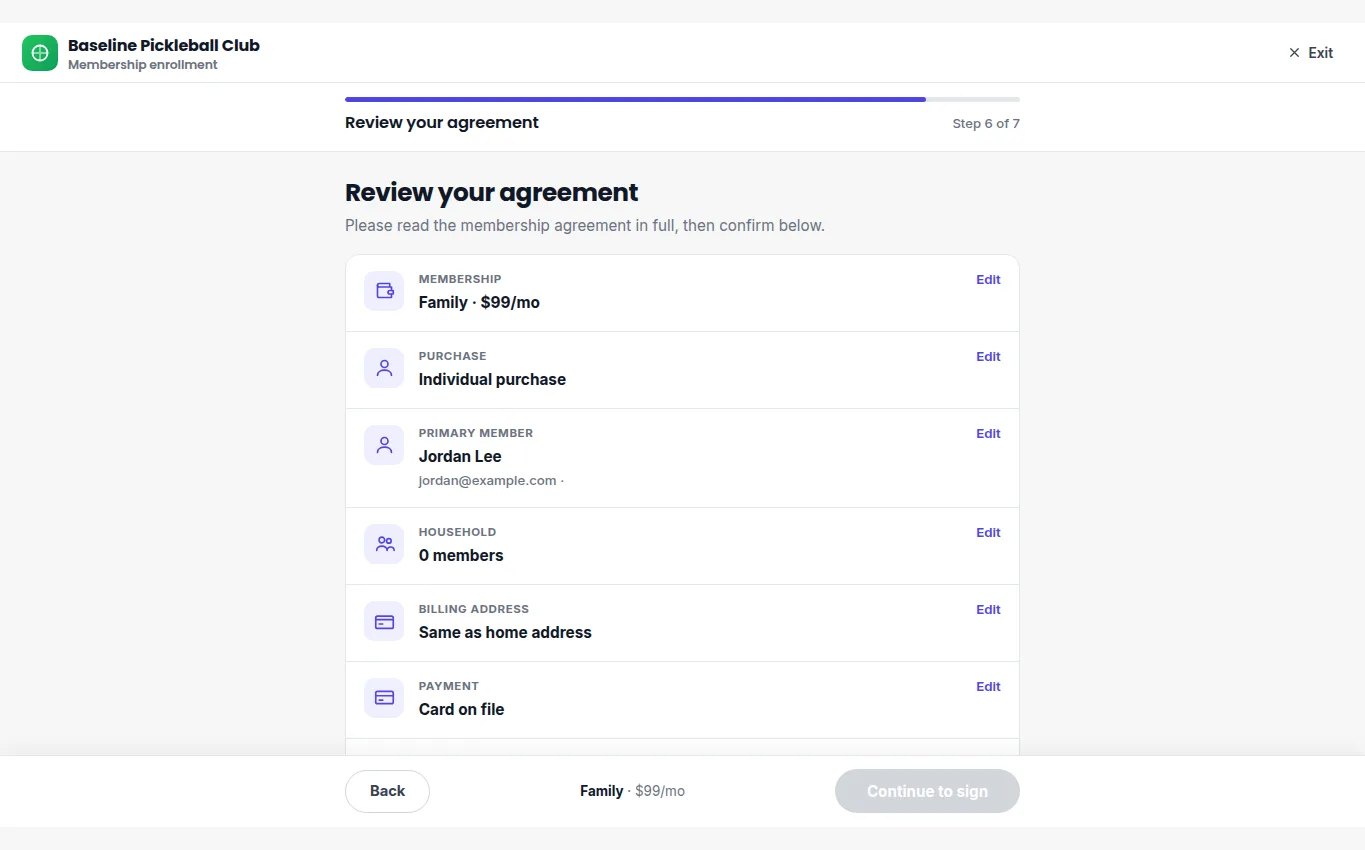 Membership agreement review and enrollment summary