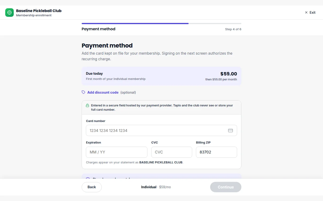Secure payment method step during membership enrollment