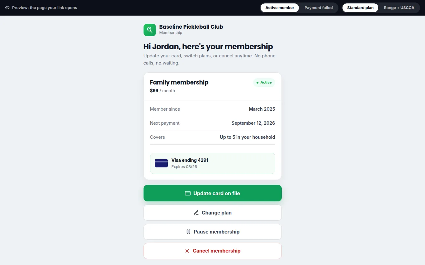 Active membership details and member self-service actions