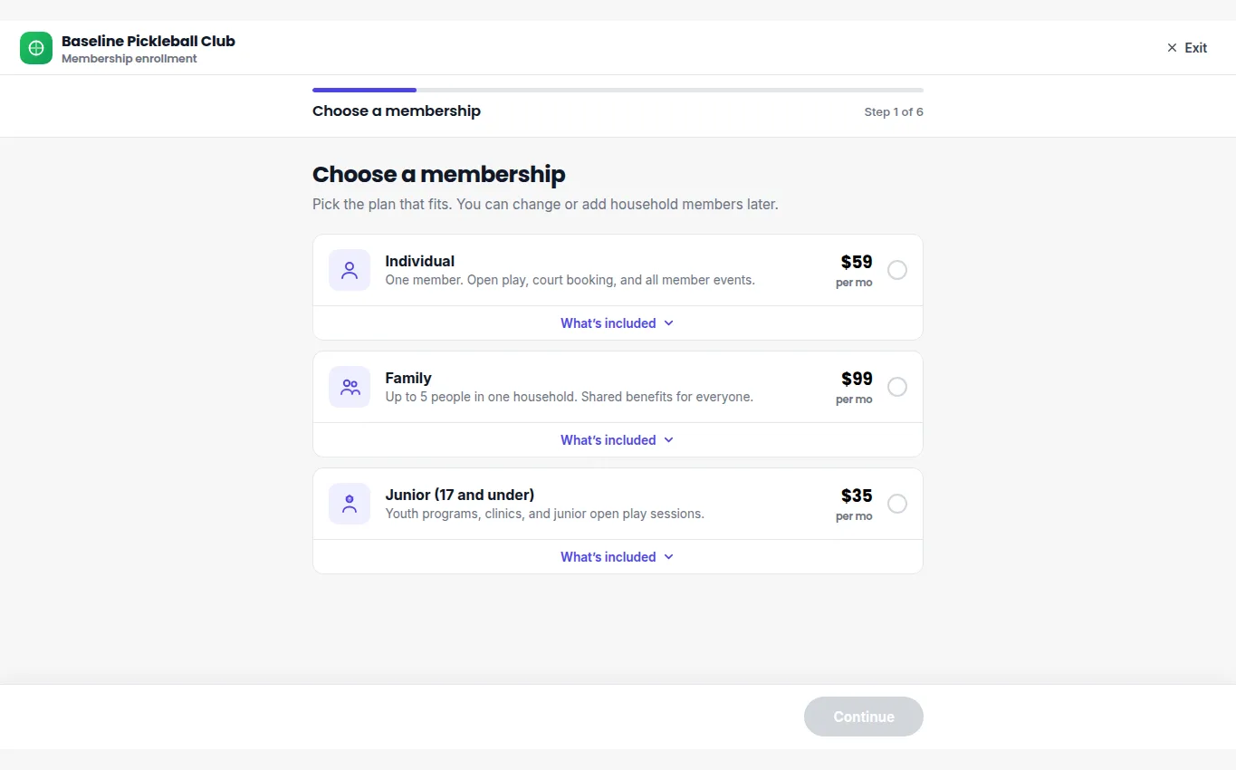 Membership plan selection with tier prices and benefits