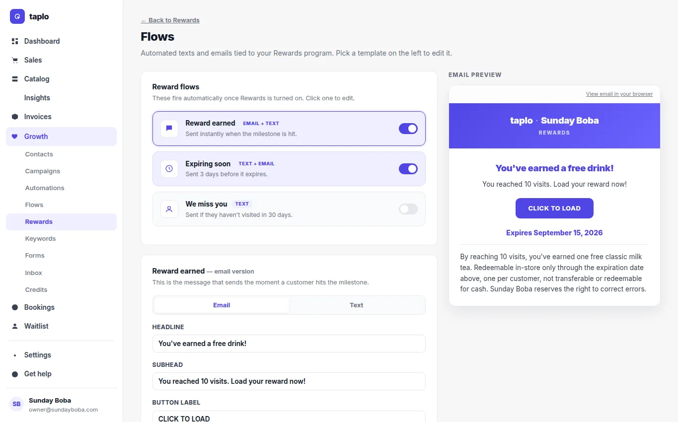 Reward-earned automation with customer email preview