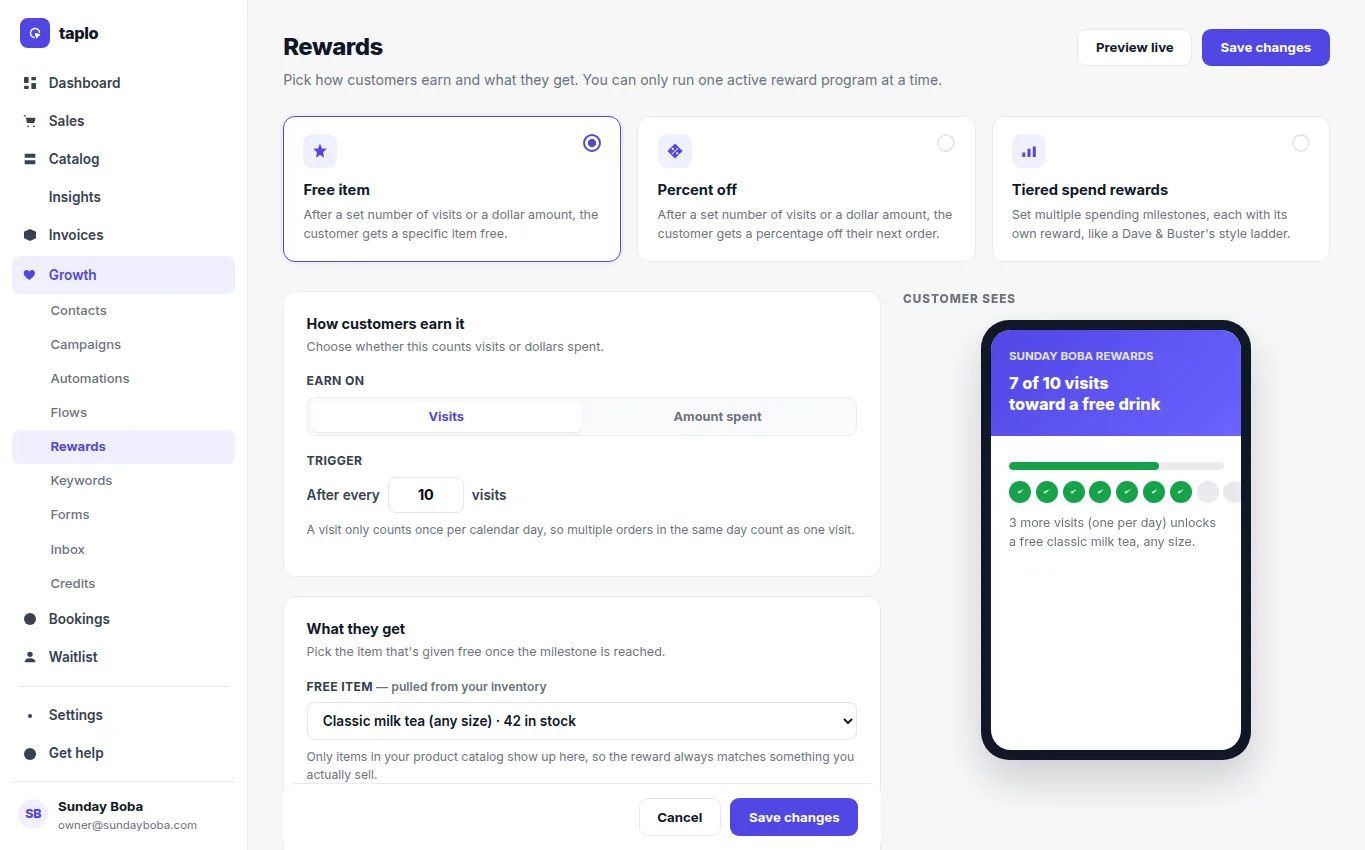 Rewards earning rules with milestone and customer progress preview