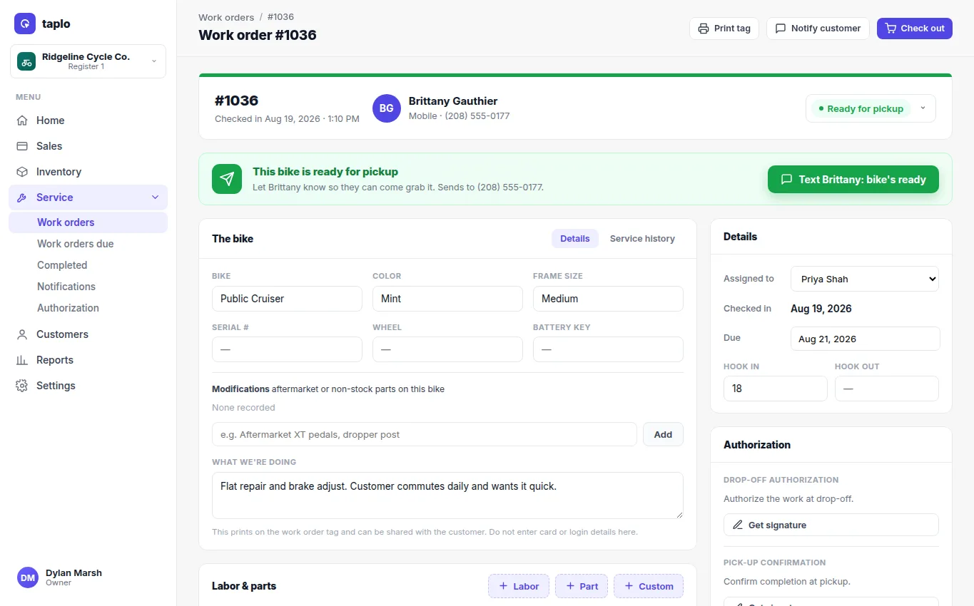 Ready-for-pickup work order with customer text action