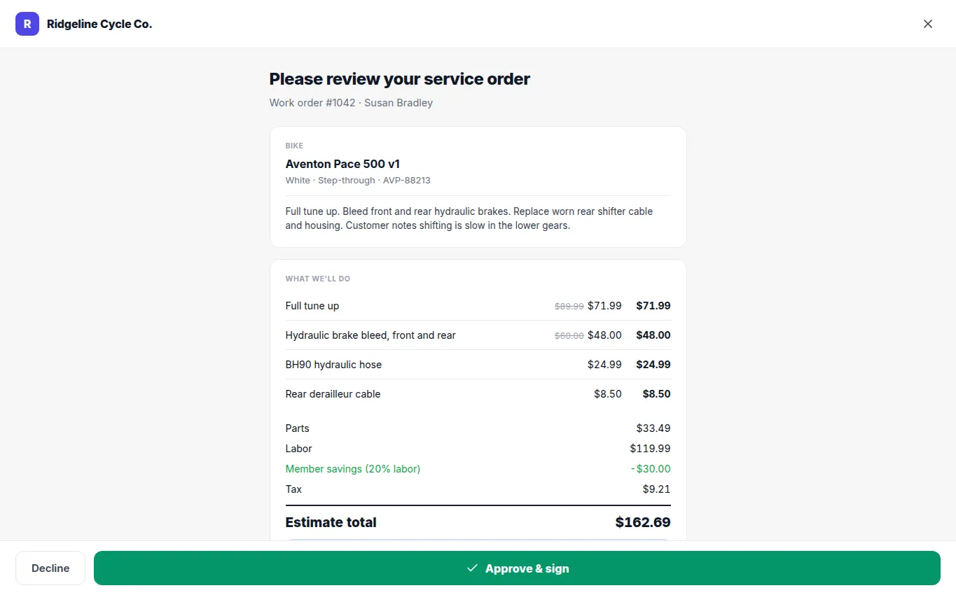 Customer review of service work and estimate before authorization