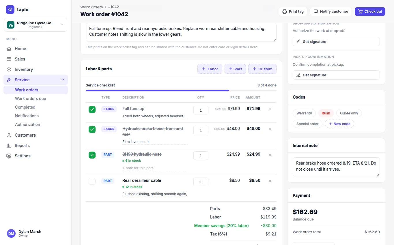 Work order labor and parts with stock and estimate totals