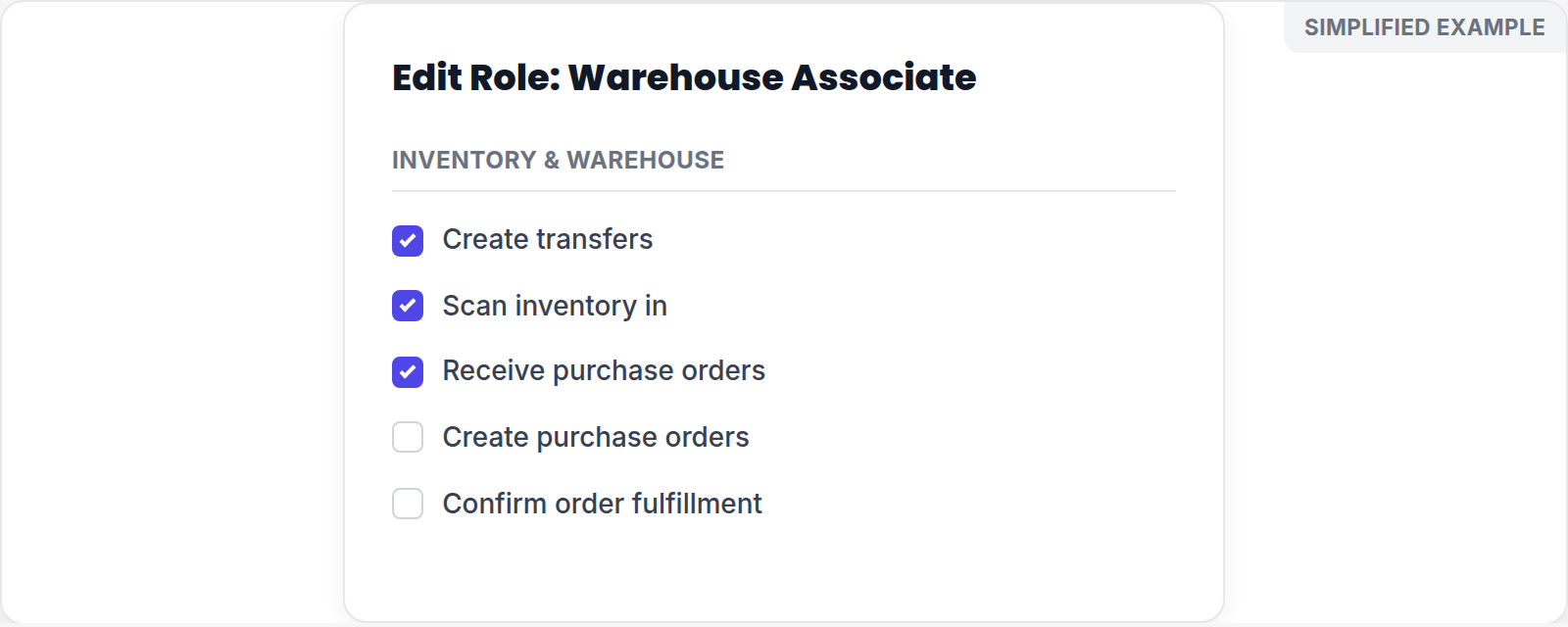 Simplified role permissions screen showing warehouse action checkboxes