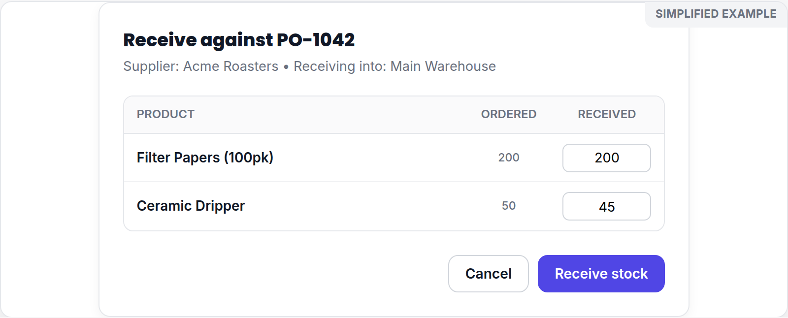 Simplified purchase-order receiving screen showing ordered quantities and receipt inputs