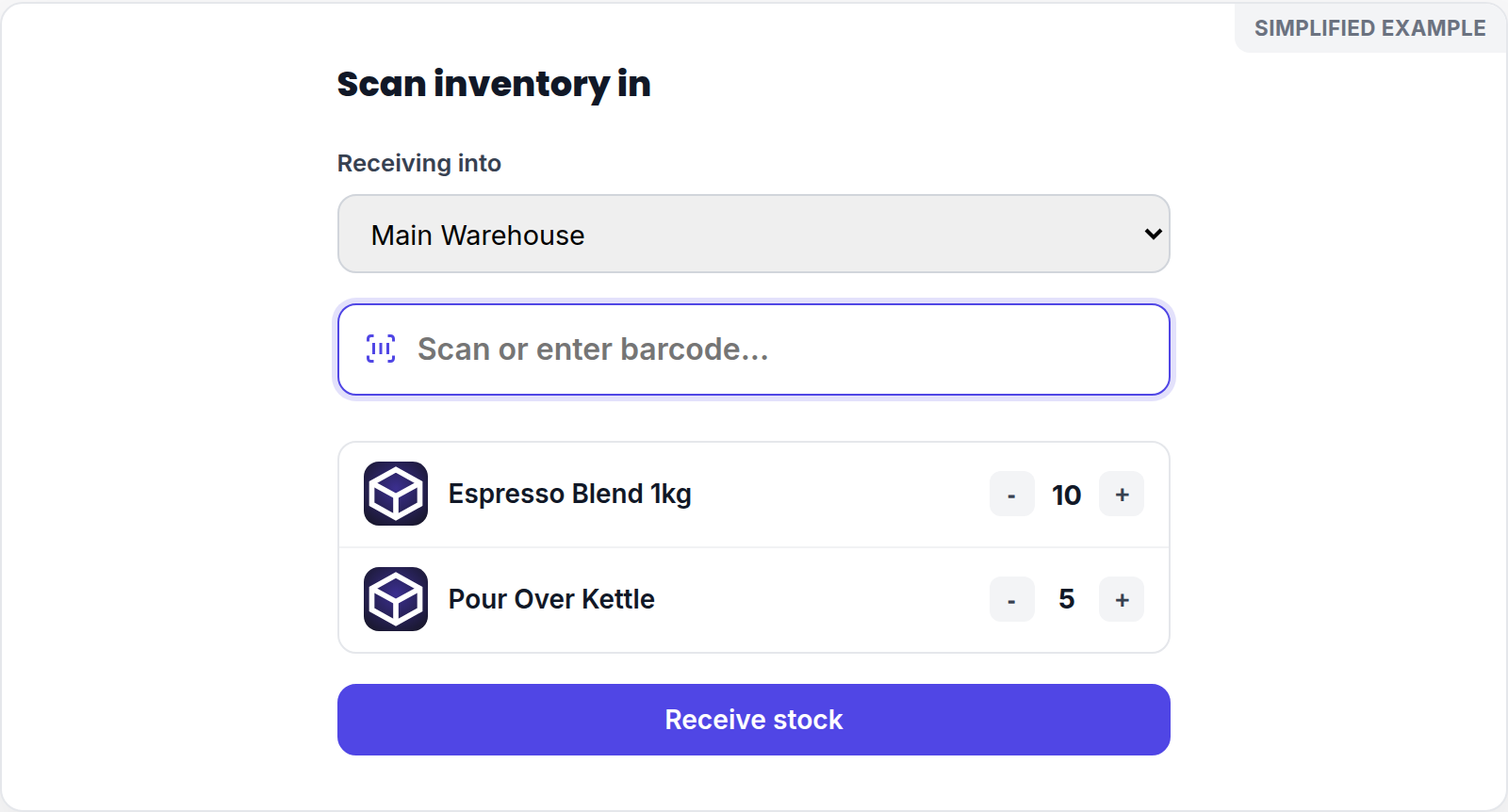 Simplified Scan inventory in screen with receiving location, barcode entry, and quantities