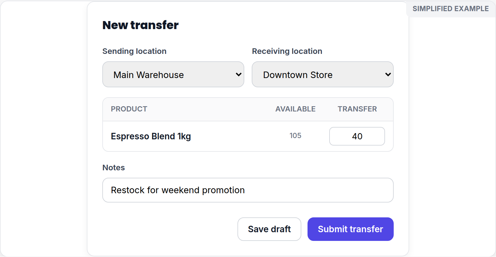 Simplified New transfer screen with sending and receiving locations and item quantities